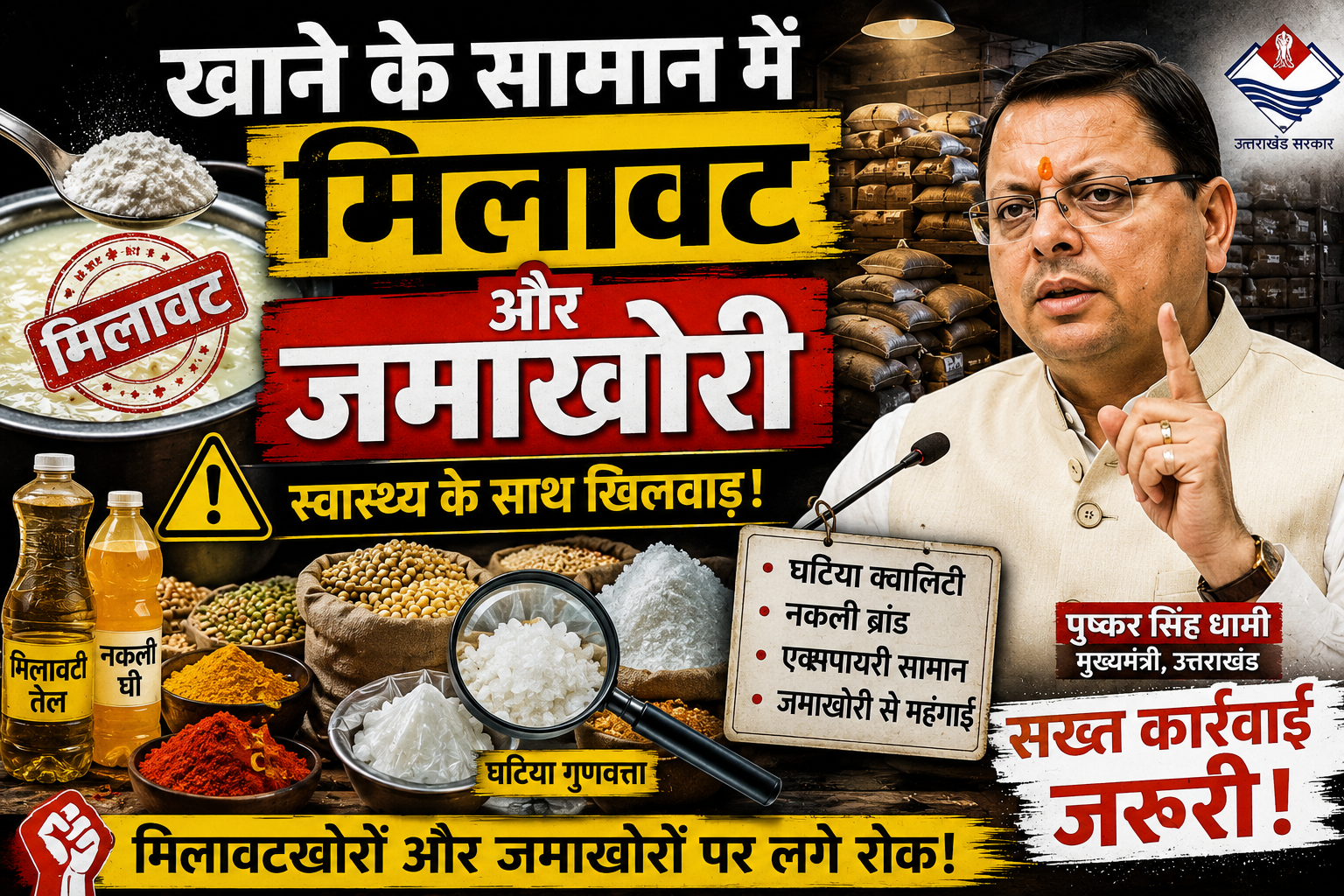 मिलावट-जमाखोरी पर चल रहा चाबुक, अभियान तेजसीएम धामी के निर्देश पर प्रत्येक जिले में सरकारी मशीनरी कर रही कार्रवाई-सभी डीएम को एक सप्ताह तक अभियान चलाने के निर्देश-मंडलायुक्तों के कंधों पर डाला गया माॅनिटरिंग का दायित्व